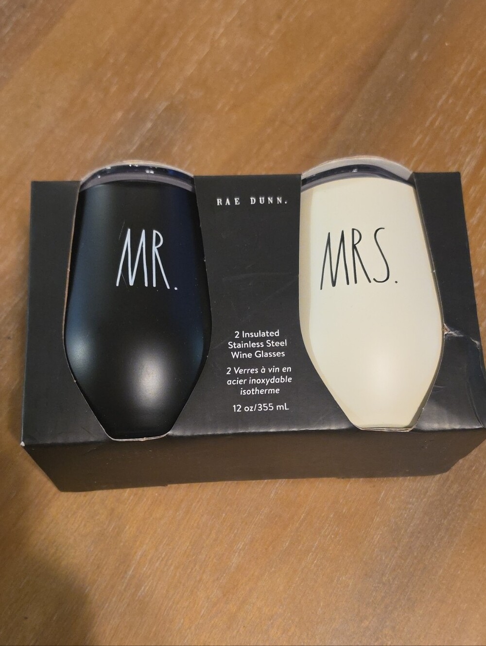 Rae Dunn Mr. Mrs. Insulated SS 12 Ounce Wine Glasses New